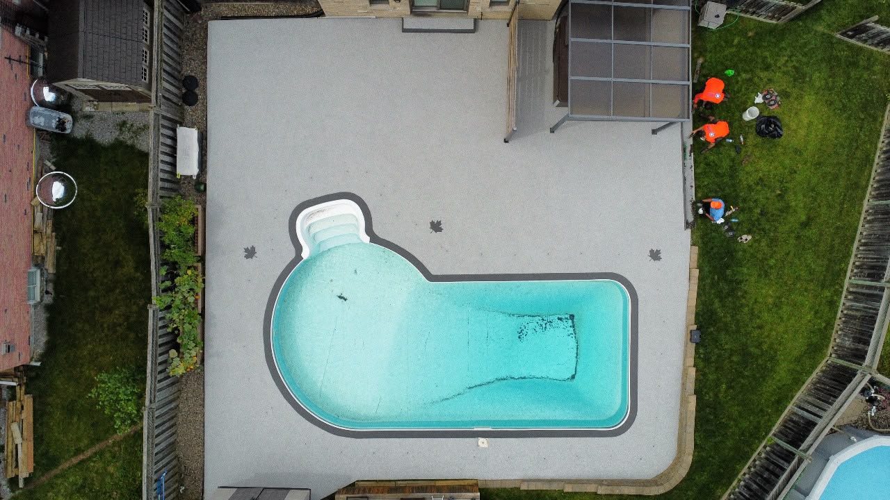 Aerial view of a rubber pool deck installed by Rubber Decker in Barrie Ontario